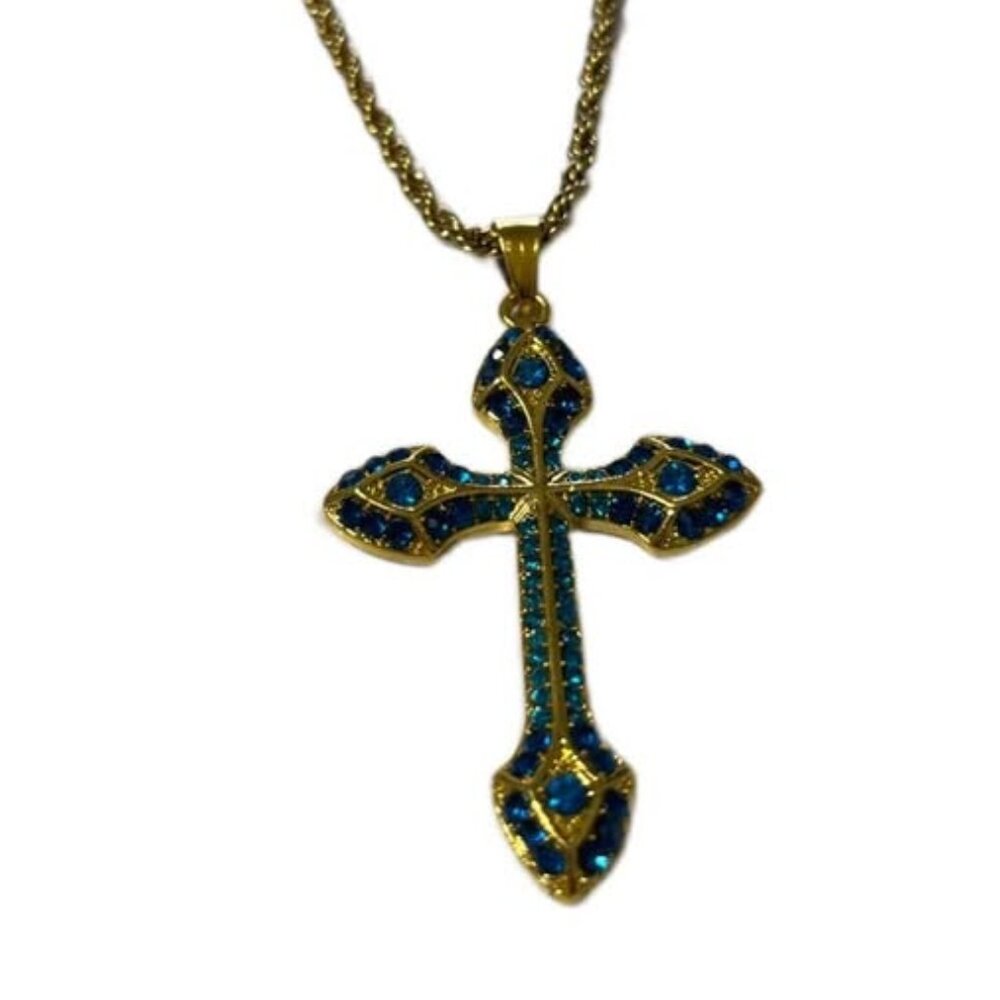Gold-Tone Blue Rhinestone Cross Necklace